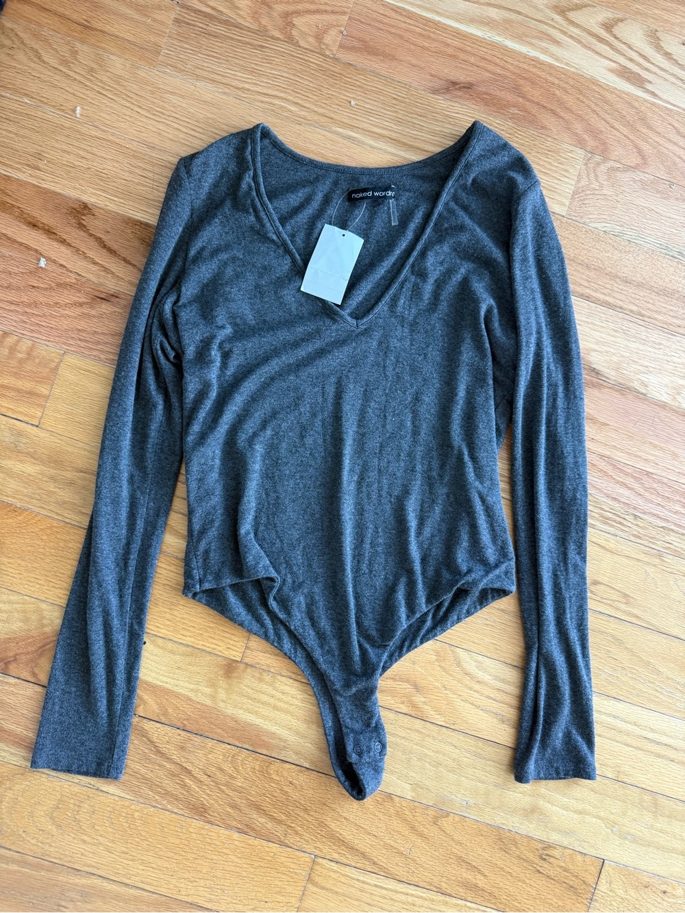 naked wardrobe Charcoal V-Neck Long Sleeve Bodysuit